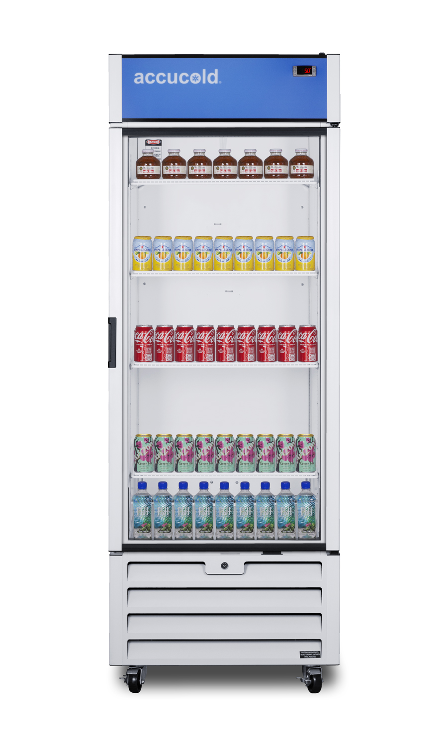 21.34 cu.ft. commercial beverage center with self-closing glass door, front lock, and white cabinet